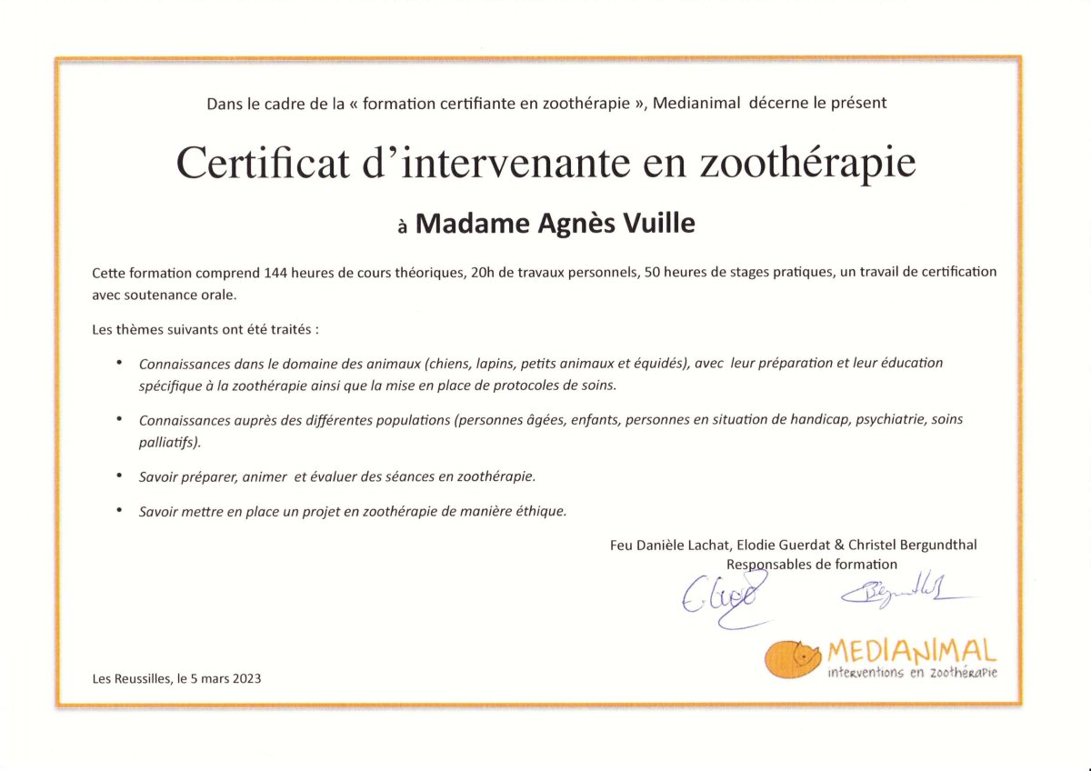 Certificat d'intervenante en zoothérapie